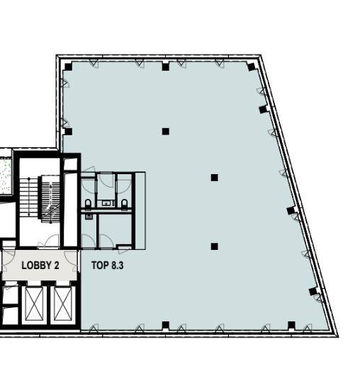 Detaillierter Grundriss eines Teils des 8. Obergeschosses mit Treppenhaus und Toiletten.