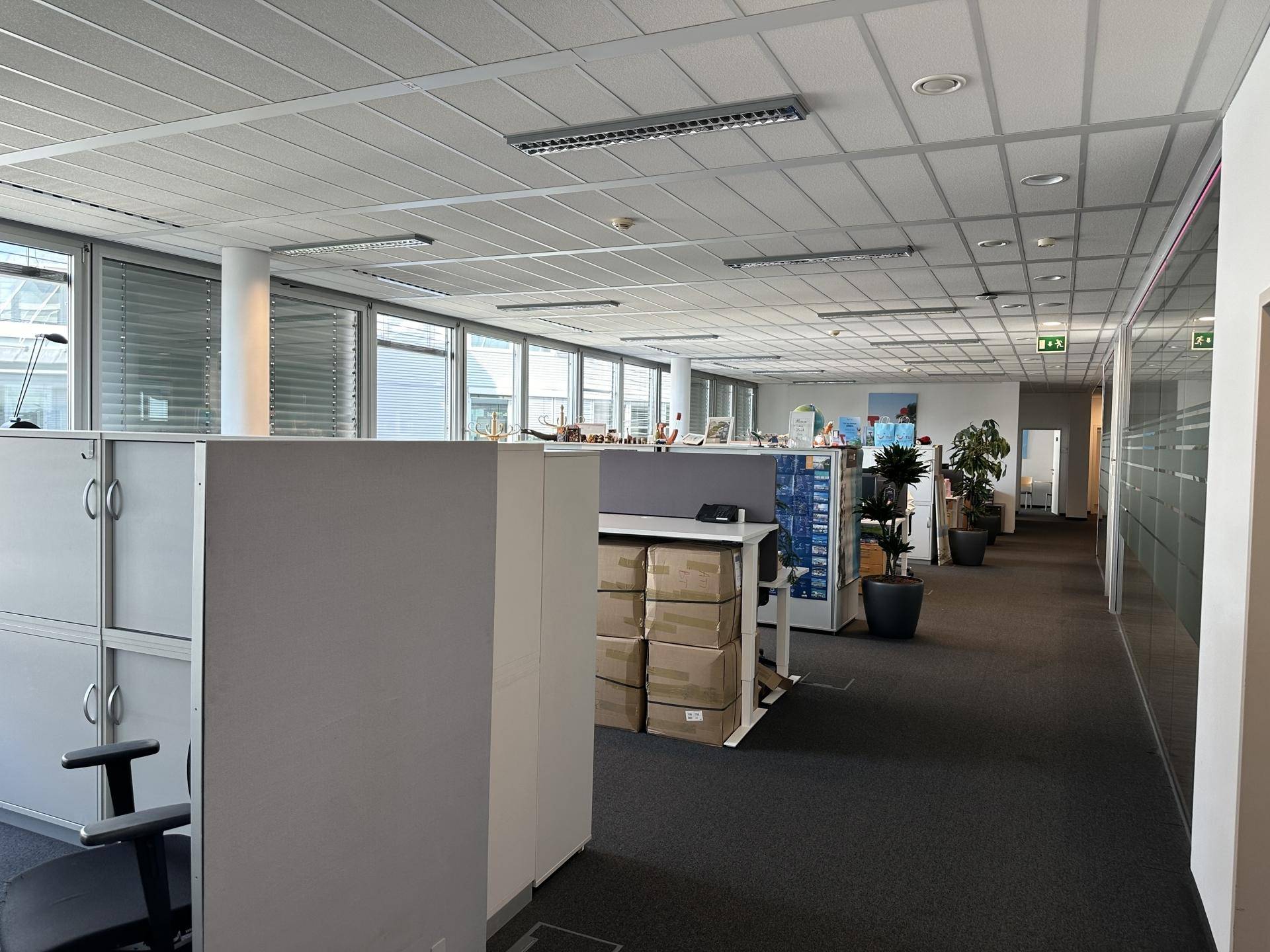 Offener Bürobereich mit Arbeitskabinen und einem Blick auf einen Gemeinschaftsbereich im Hintergrund.