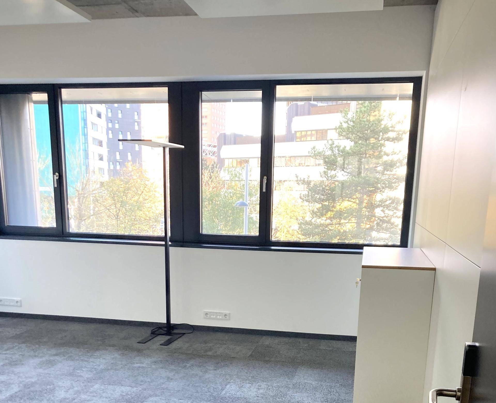 Leeres Büro mit grauem Teppichboden, großen Fenstern und Blick auf umliegende Gebäude und Bäume.