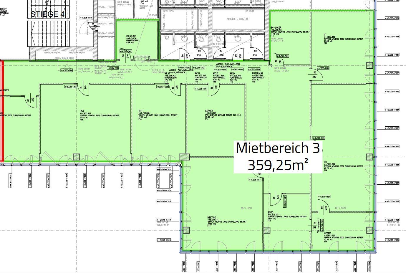 Grundriss eines Bürogeschosses mit mehreren Räumen und einem ausgewiesenen Mietbereich von 359,25 m².