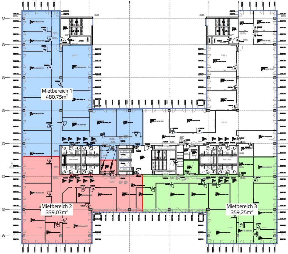 Detaillierter Grundriss mit drei farblich markierten Mietbereichen und Flächenangaben in Quadratmetern.