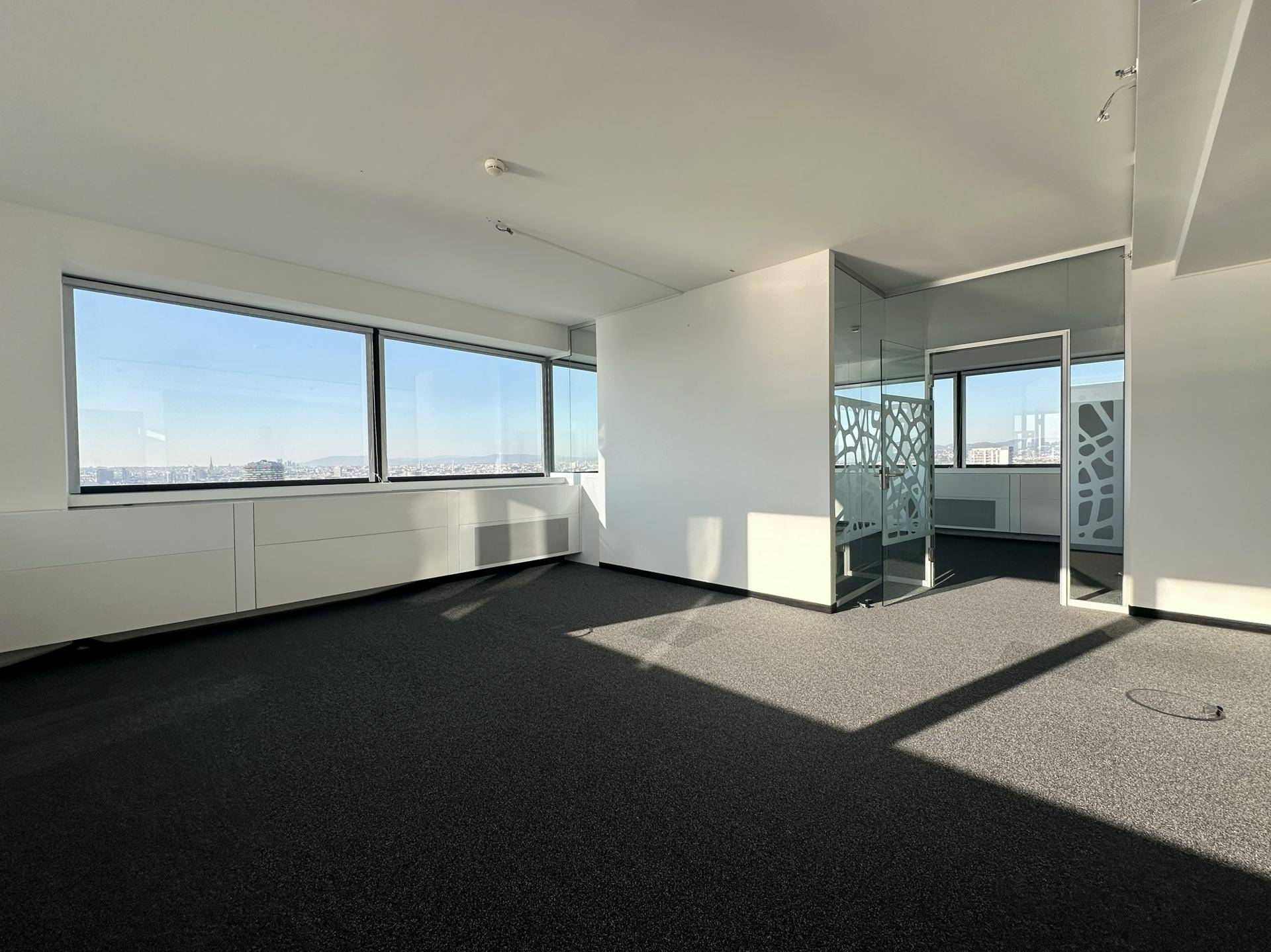Helles Büro mit Teppichboden, großen Fenstern und einer Glasabtrennung, die einen weiten Stadtblick bietet.