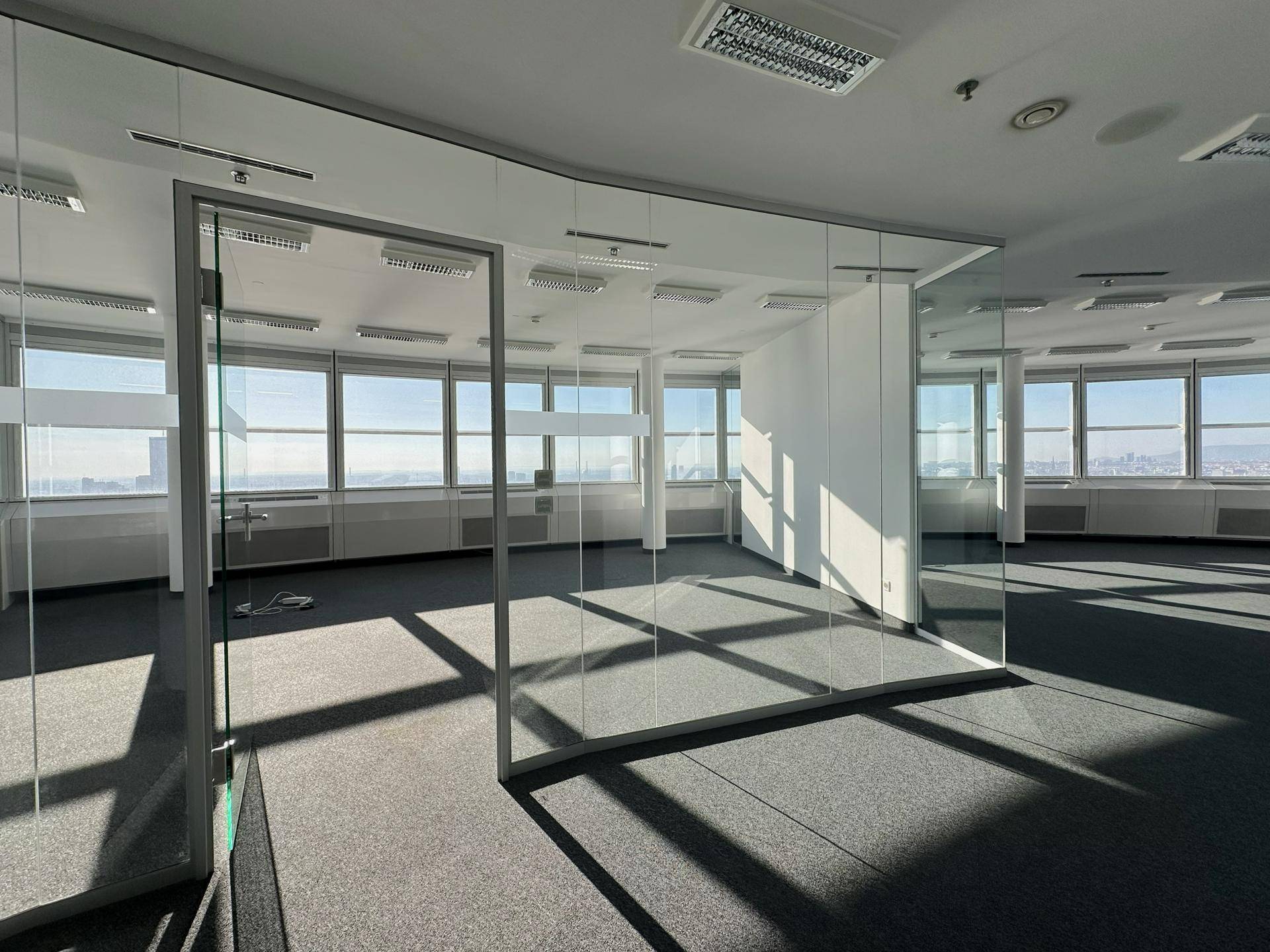 Heller, moderner Büroraum mit Glaswänden, Teppichboden und weitem Stadtblick durch große Fenster.
