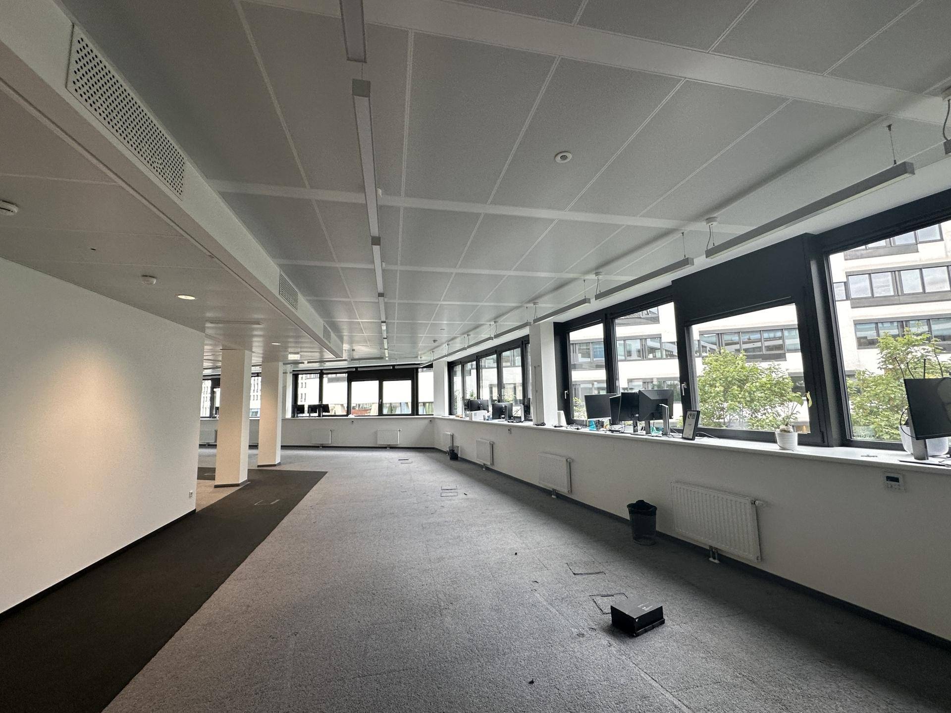 Geräumiger Büroraum mit Teppichboden, Heizkörpern unter den großen Fenstern und Blick nach draußen.