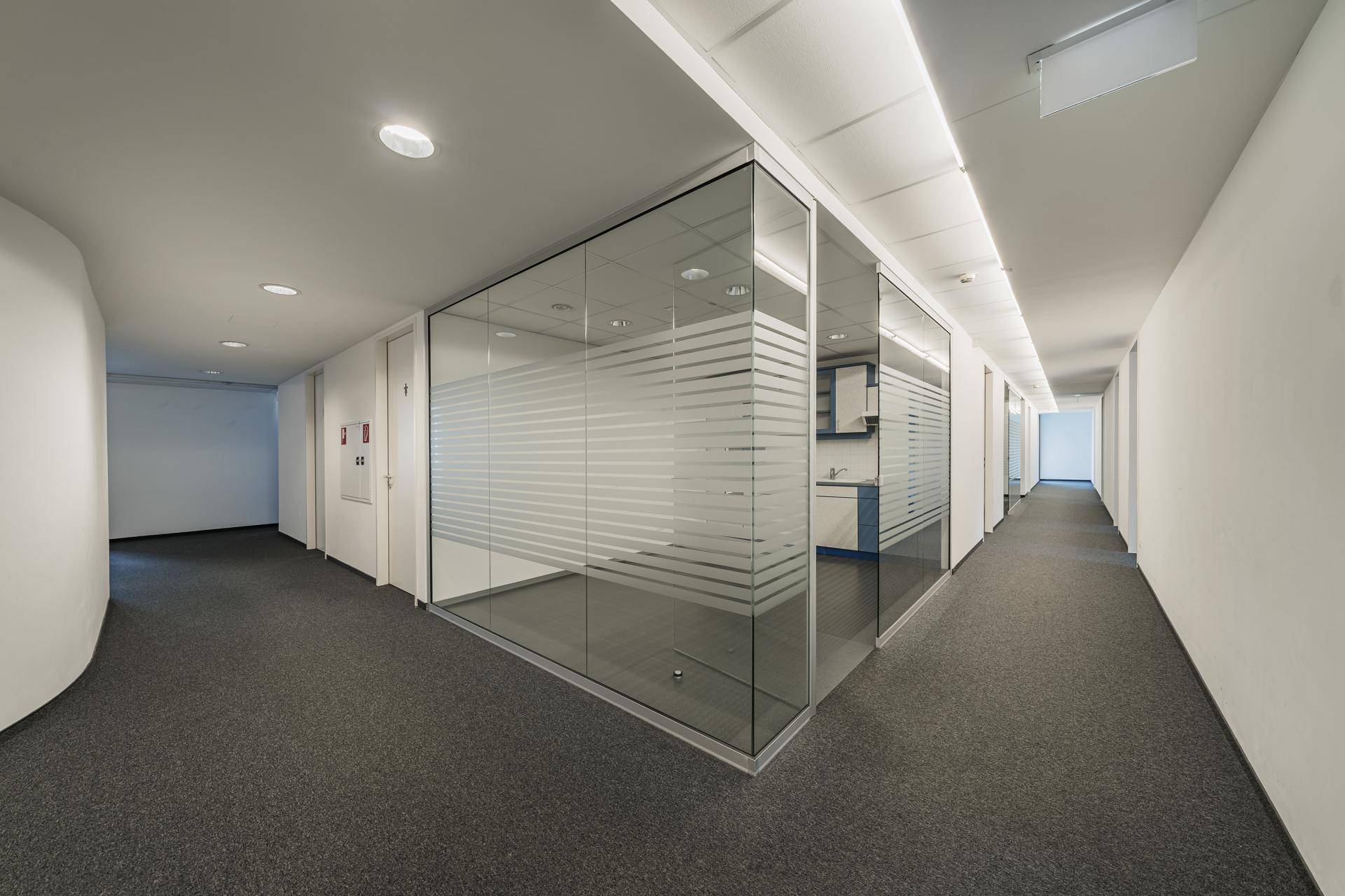 Langer Bürogang mit Teppichboden und Glaswänden, die zu den angrenzenden Büros führen.