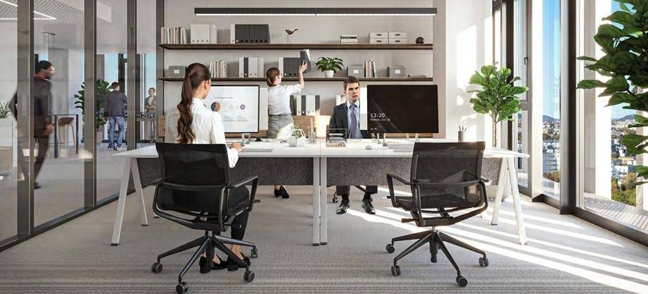 Modernes Büro mit Glaswänden und ergonomischen Arbeitsplätzen, bietet eine helle und offene Arbeitsumgebung.