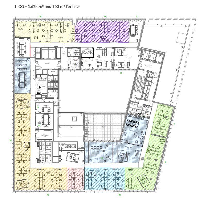 Grundriss des ersten Obergeschosses mit verschiedenen Bürobereichen und einer Terrasse.