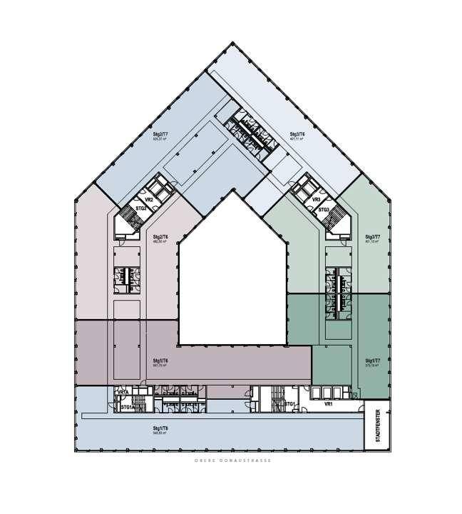 Grundriss einer Büroetage mit modularer Flächenaufteilung und Zugang zu den Treppenhäusern.