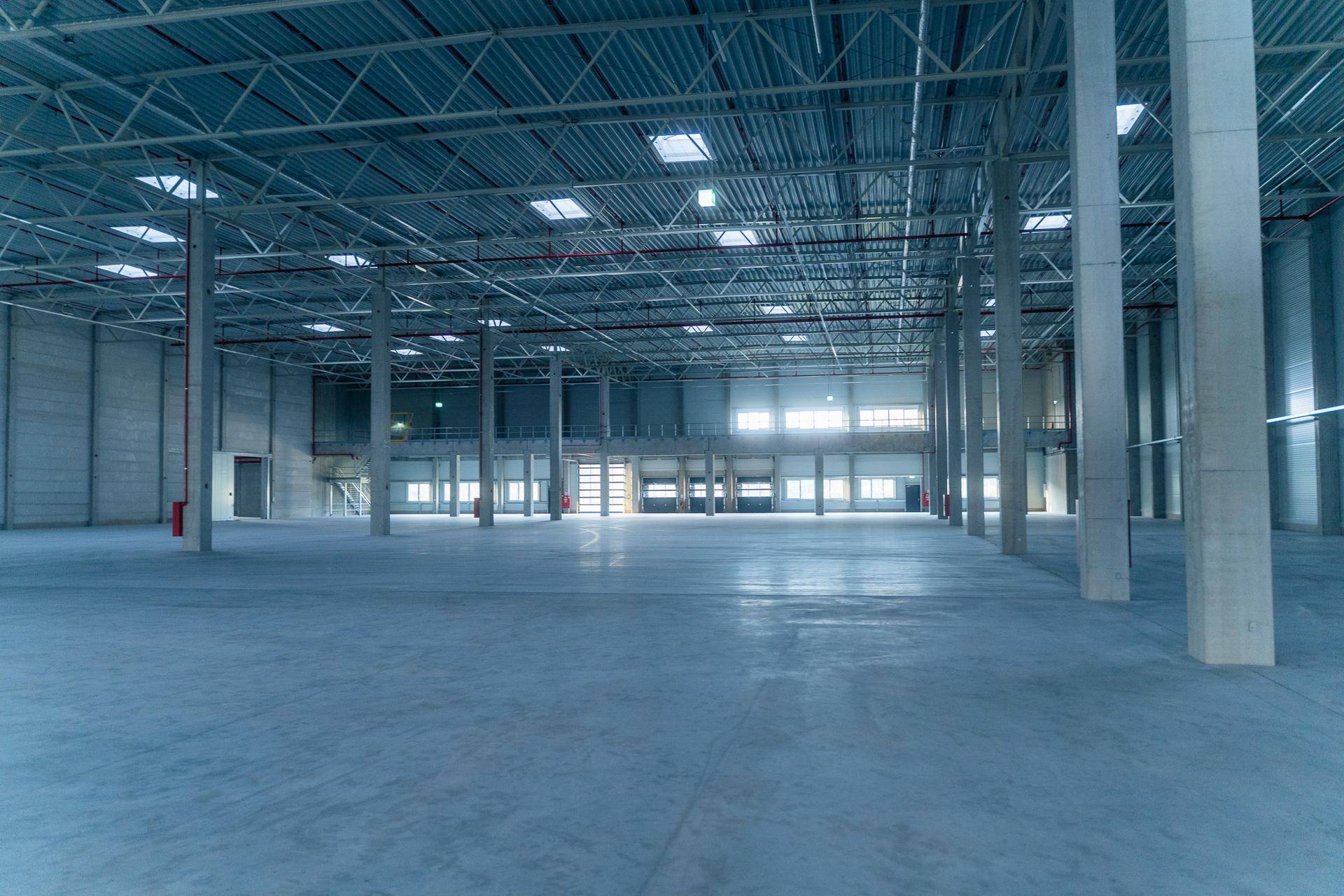 Weitläufige Lagerhalle mit hohen Decken, Betonboden und mehreren Rolltoren im Hintergrund für den Warenverkehr.