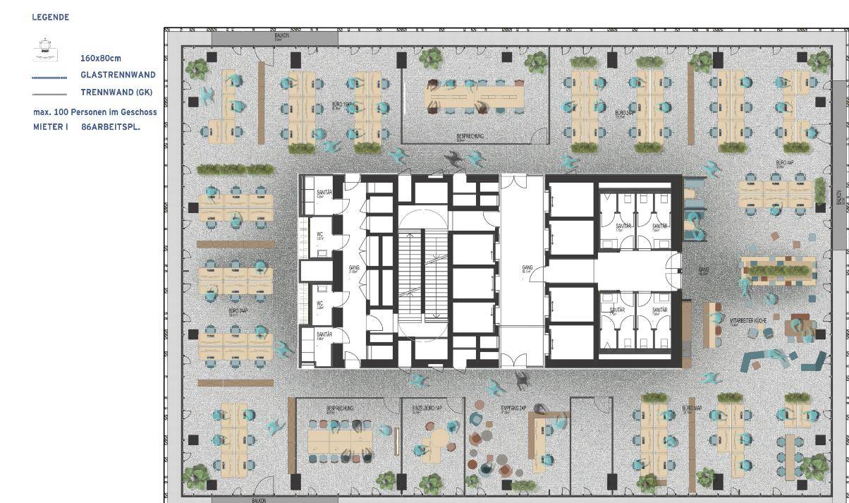 Grundriss eines modernen Bürogeschosses mit variablen Arbeitsplatzkonfigurationen und Gemeinschaftsbereichen.