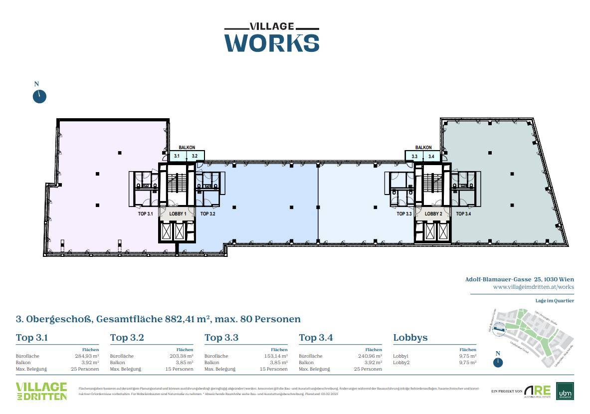 Grundriss des dritten Obergeschosses mit einer Gesamtfläche von 882,41 m² und zwei Lobbys.