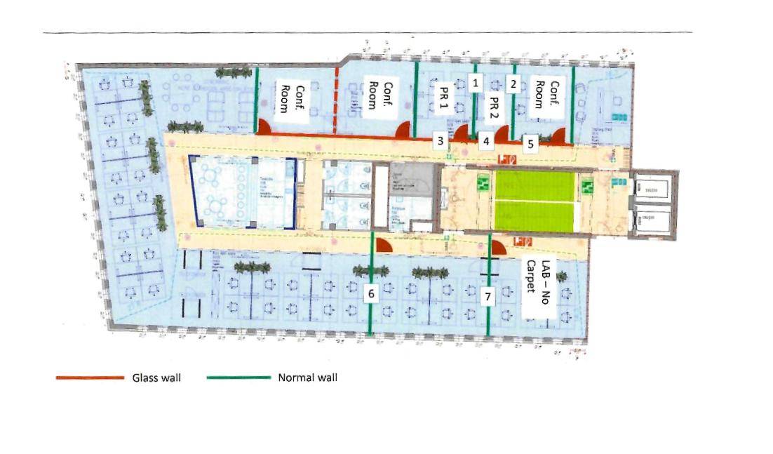 Detaillierter Grundriss eines Bürokomplexes mit Konferenzräumen, privaten Büros und einem Laborbereich.