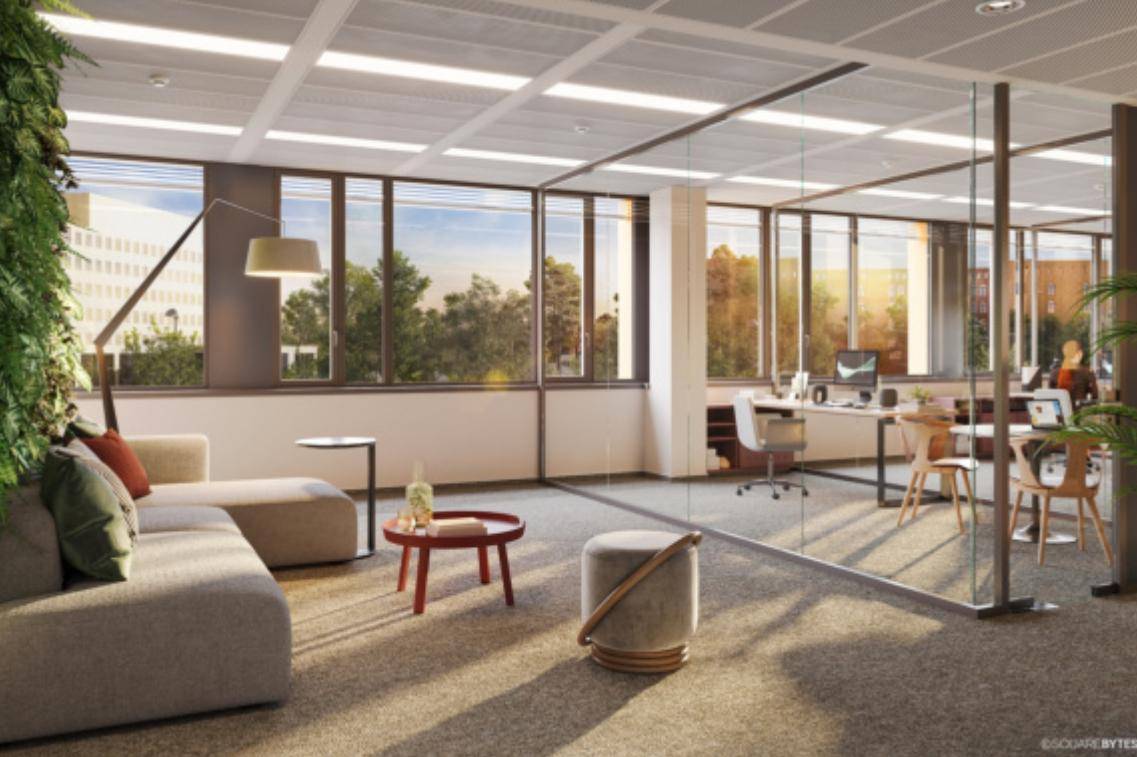 Gemütlicher Loungebereich in einem modernen Büro mit bequemen Sofas und viel Tageslicht.
