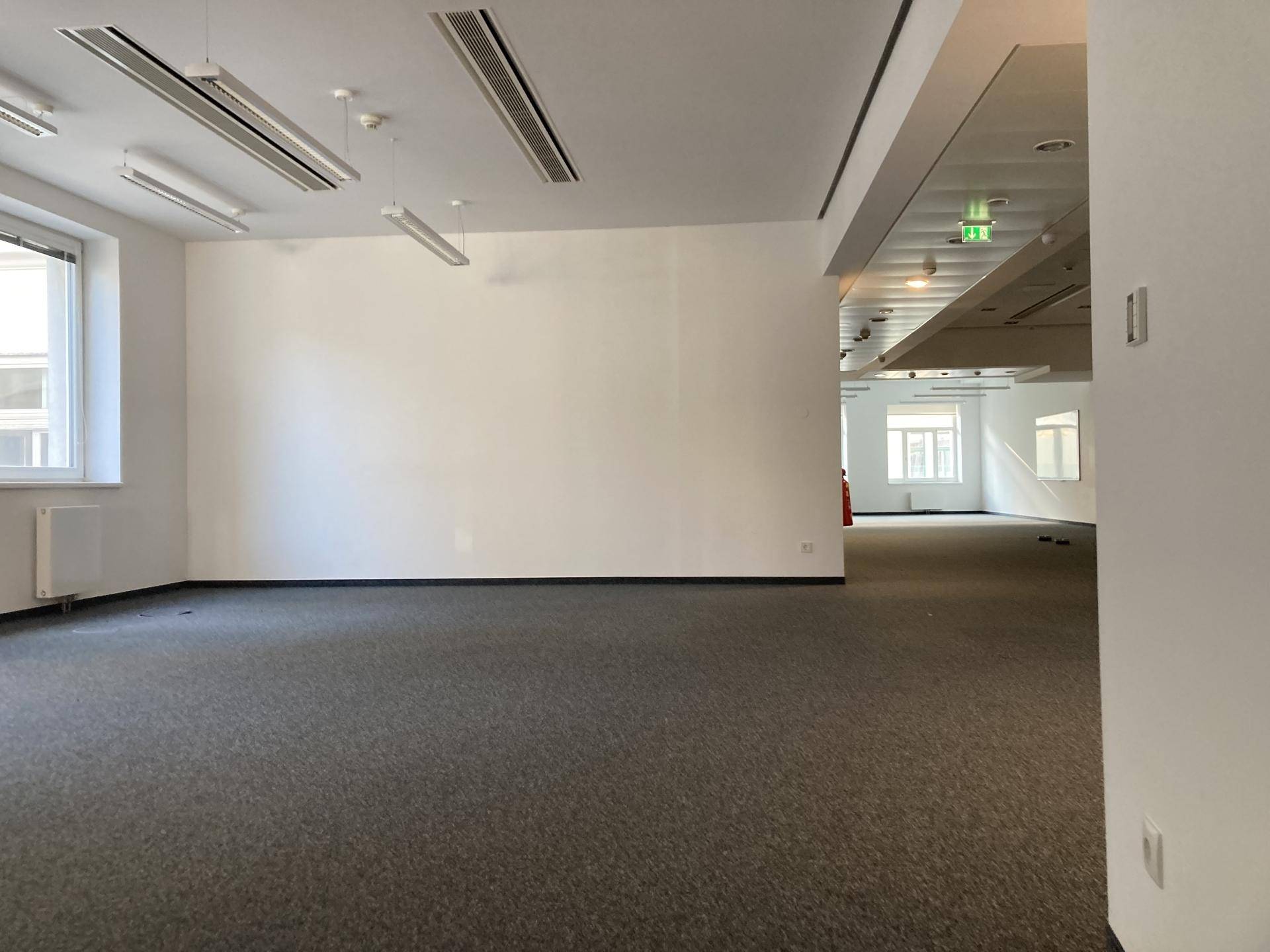 Heller Büroraum mit Teppichboden, weißen Wänden und Blick auf die Fensterfront.