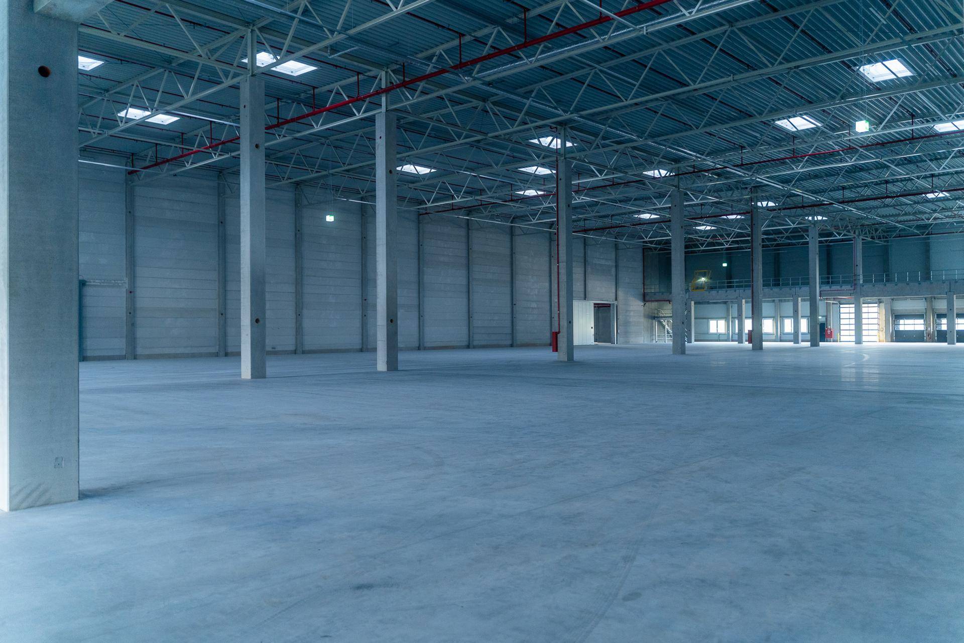 Geräumige, leere Lagerhalle mit hohen Decken, Betonboden und vielen Stützpfeilern.