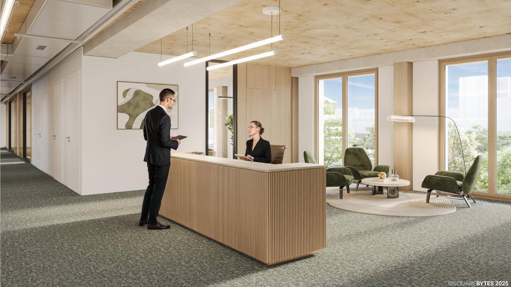 Moderner Empfangsbereich im Büro mit Holztheke und bequemen Sitzgelegenheiten.