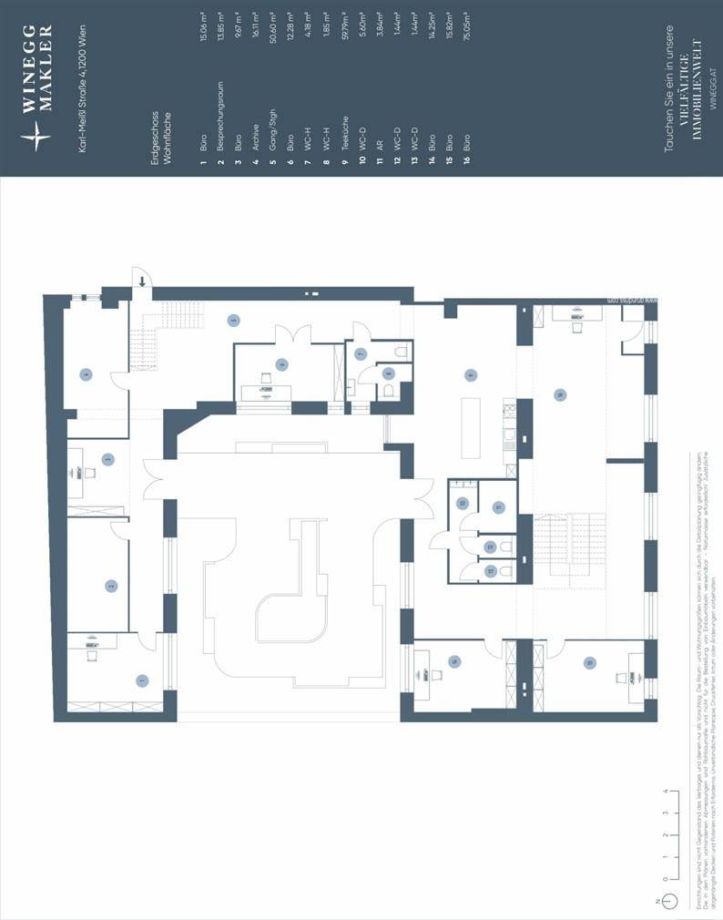 Detaillierter Grundriss mit verschiedenen Räumen und Flächenangaben für eine Gewerbeeinheit.