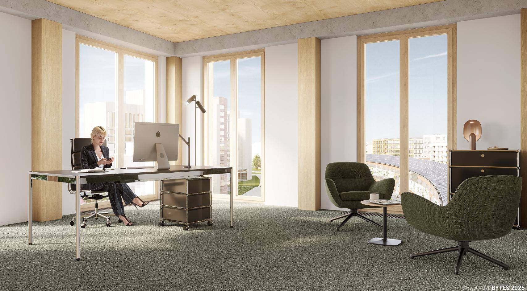 Helles Einzelbüro mit großen Fenstern, Blick ins Grüne und modernen Möbeln.
