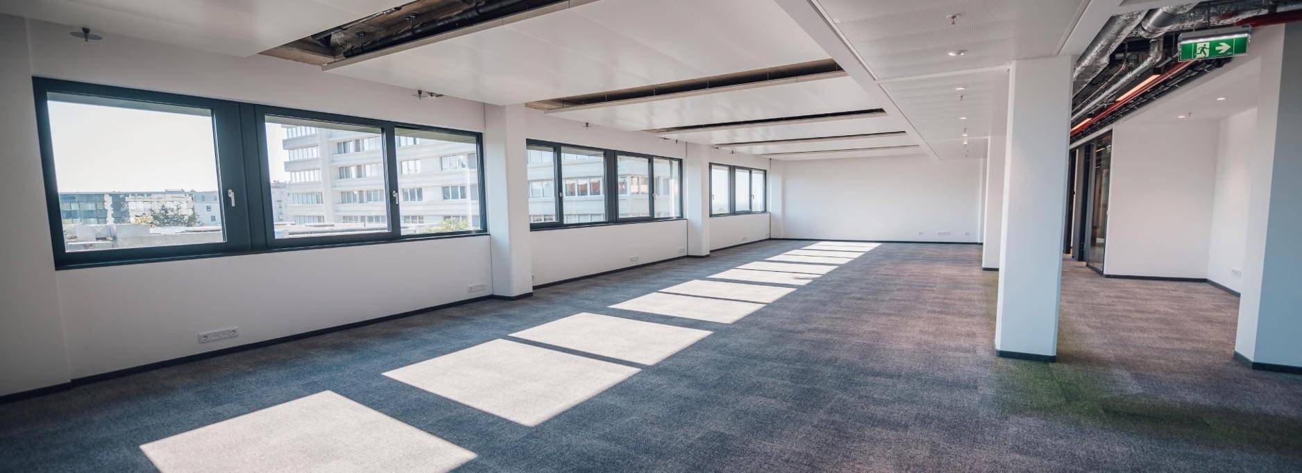 Geräumiges, leeres Büro mit Teppichboden und großen Fenstern, das viel natürliches Tageslicht erhält.