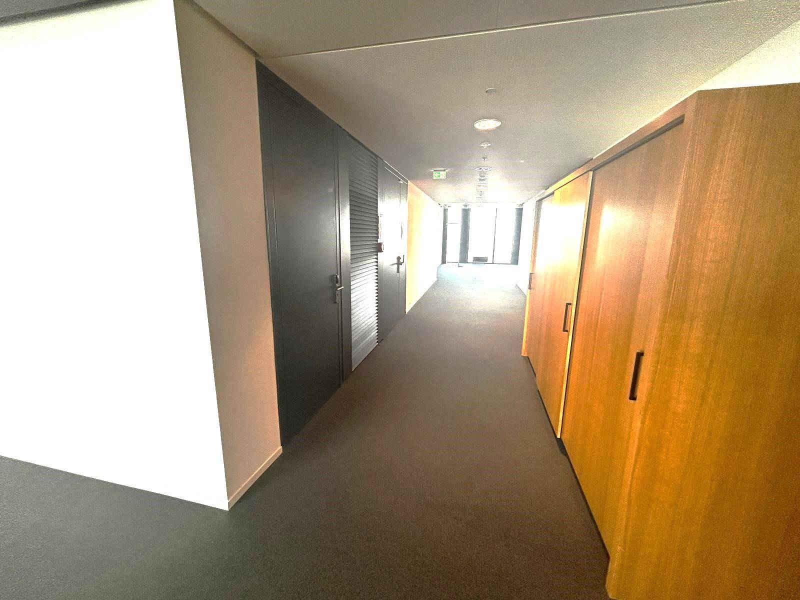 Langer Büroflur mit dunklem Teppichboden, weißen Wänden und eleganten Holzpaneelen, die eine warme Atmosphäre schaffen.
