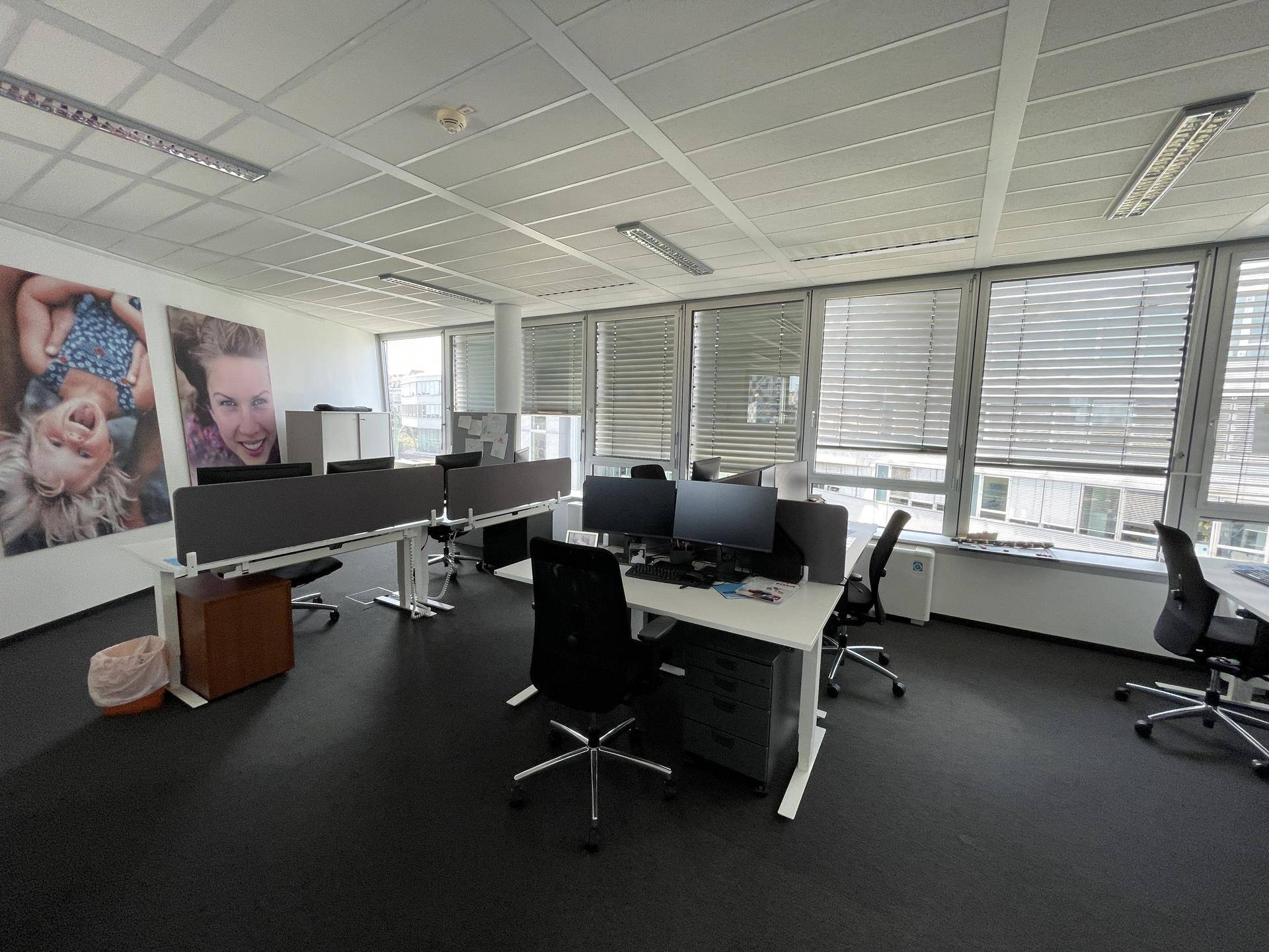 Großraumbüro mit zahlreichen Arbeitsplätzen, großen Fenstern mit Jalousien und Teppichboden.