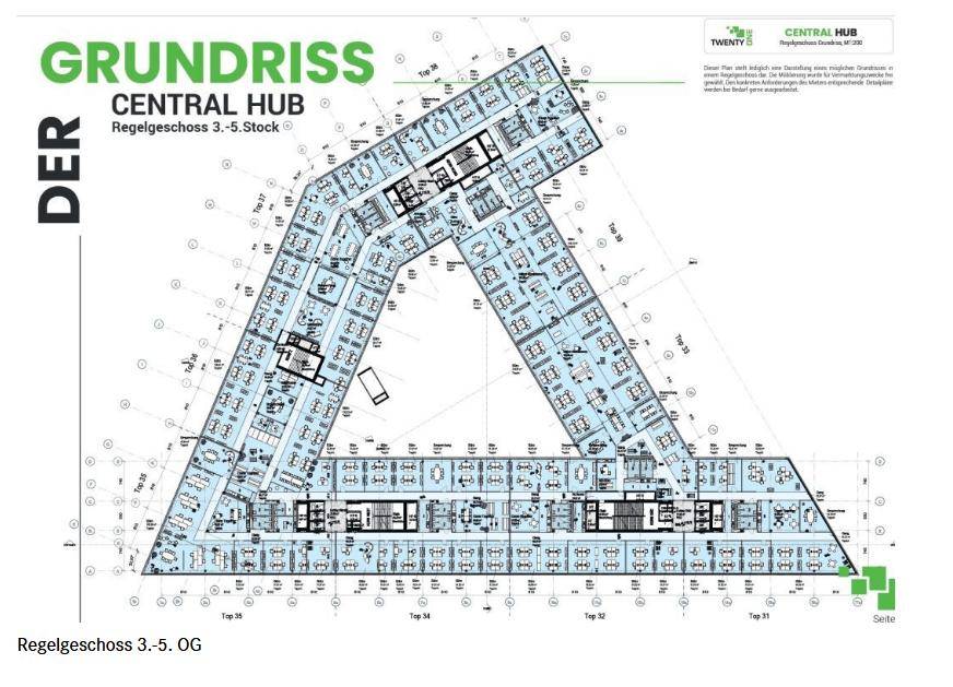 Grundriss des Central Hub Gebäudes, zeigt die Aufteilung der Regelgeschosse 3 bis 5.