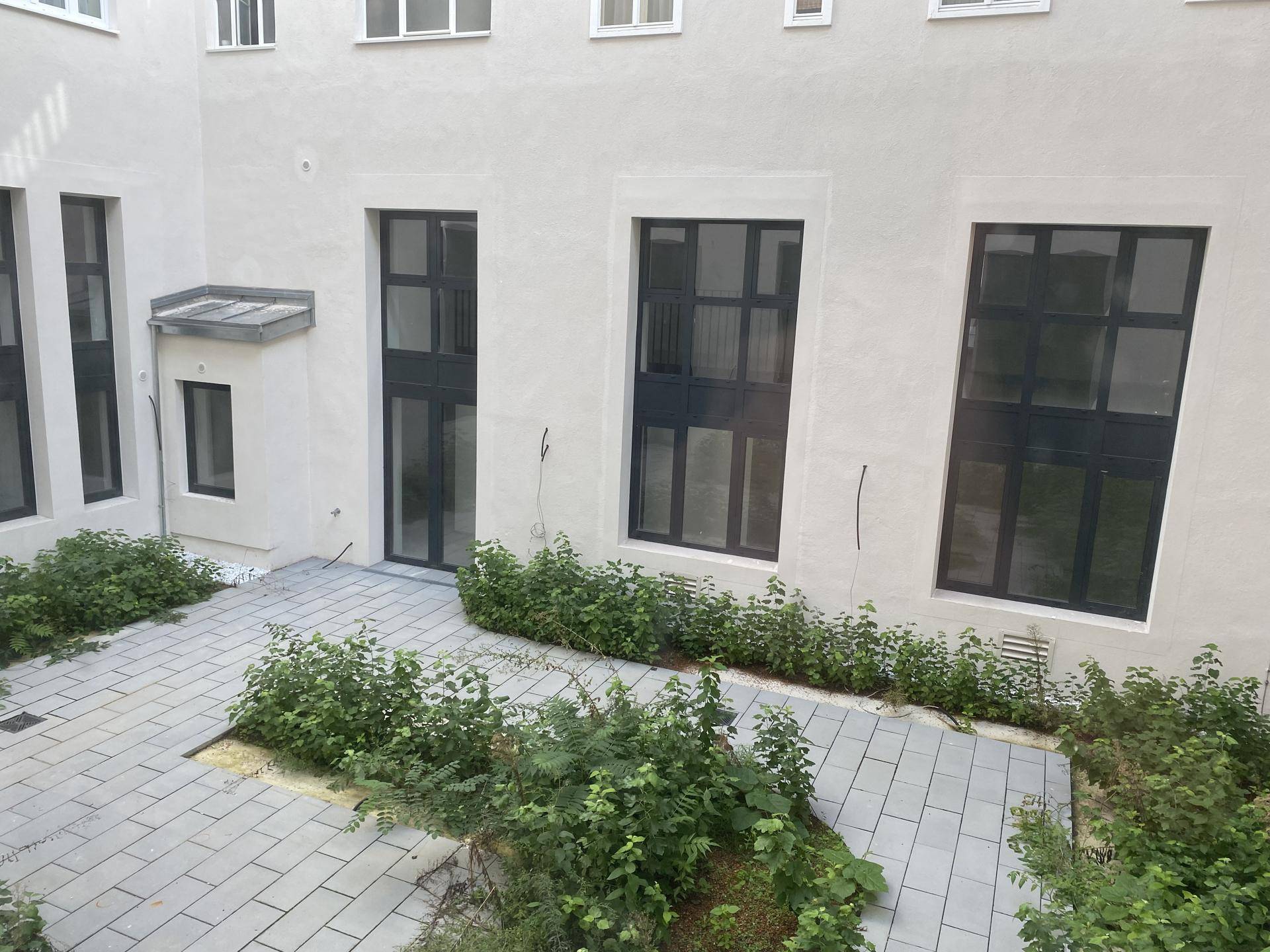Innenhof mit gepflastertem Bereich, grünen Pflanzen und der Fassade eines modernen Gebäudes.