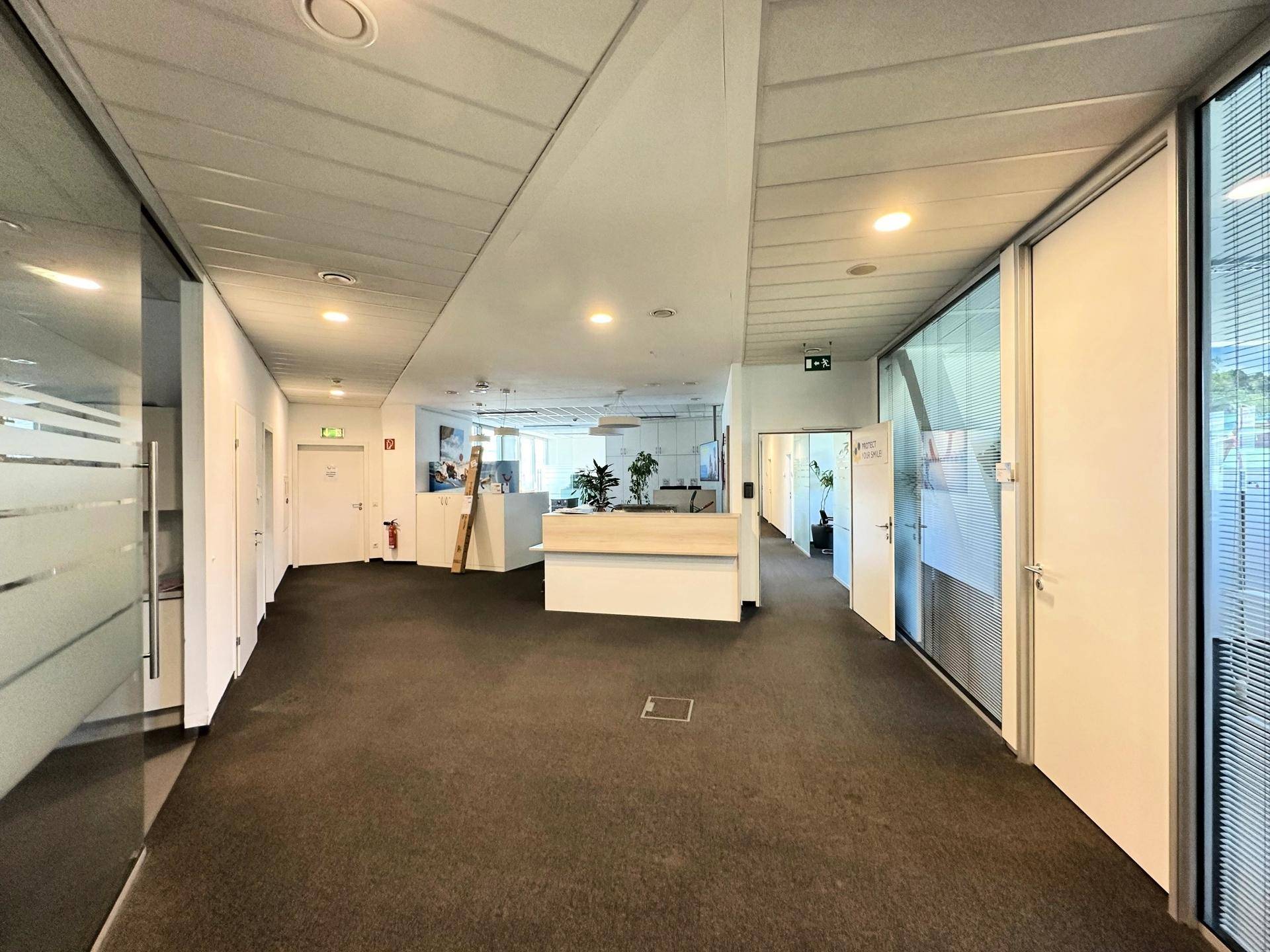 Heller Büroflur mit Empfangsbereich, Teppichboden und Glaswänden, die zu weiteren Büroräumen führen.