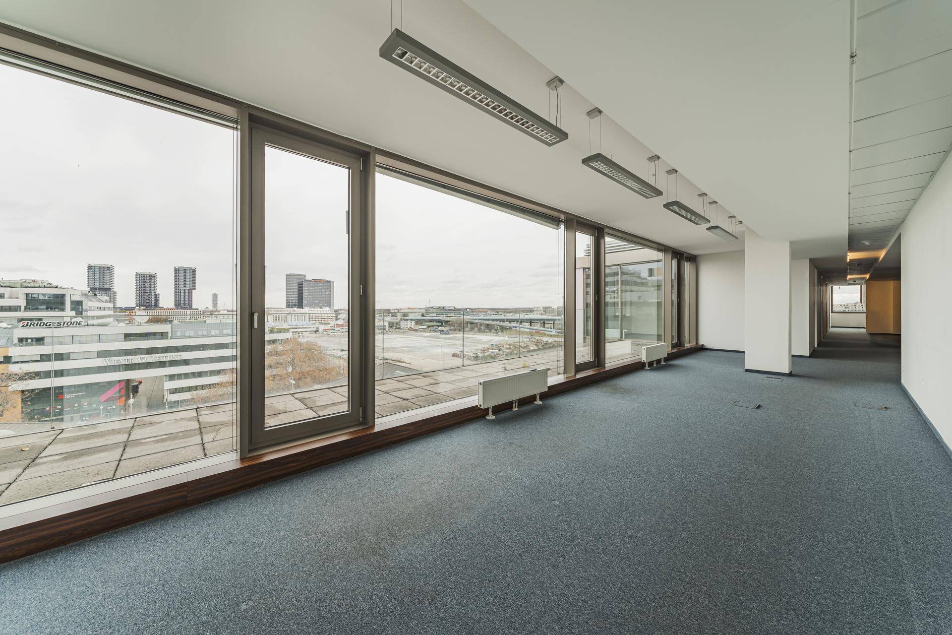 Helles Büro mit blauem Teppichboden und raumhohen Fenstern mit Stadtblick.