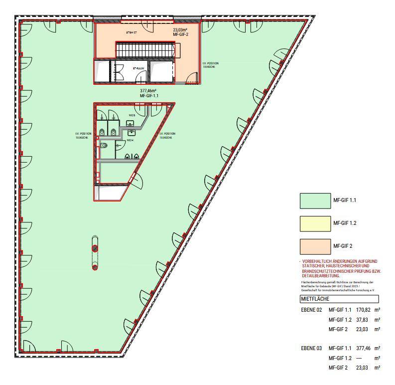 Dreieckiger Grundriss für Ebene 03 mit großer offener Mietfläche, Treppenhaus und Sanitärbereichen.