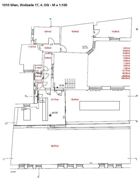 Grundriss des 4. Obergeschosses mit verschiedenen Räumen und Flächenangaben in Quadratmetern.