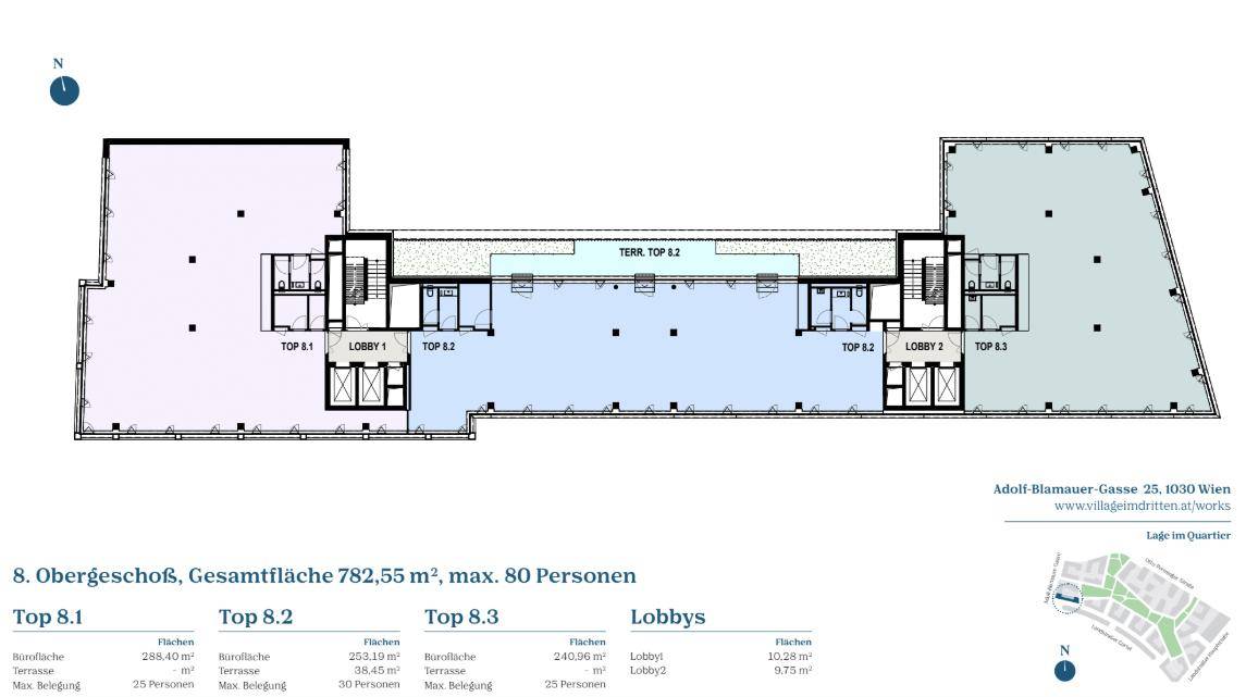Grundriss des 8. Obergeschosses mit Gesamtfläche von 782,55 m² und mehreren Lobbys.