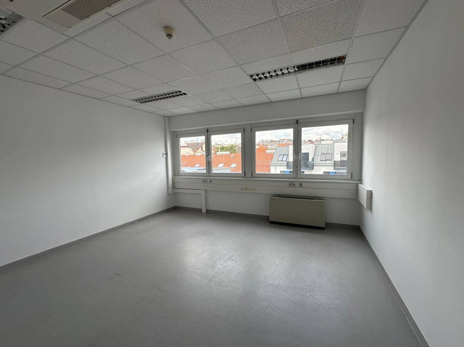 Leeres Büro mit großen Fenstern, grauem Boden und abgehängter Decke, bereit zur Einrichtung.