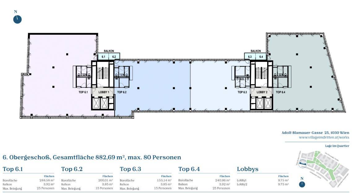 Grundriss des 6. Obergeschosses mit mehreren Büroeinheiten und Balkonen.