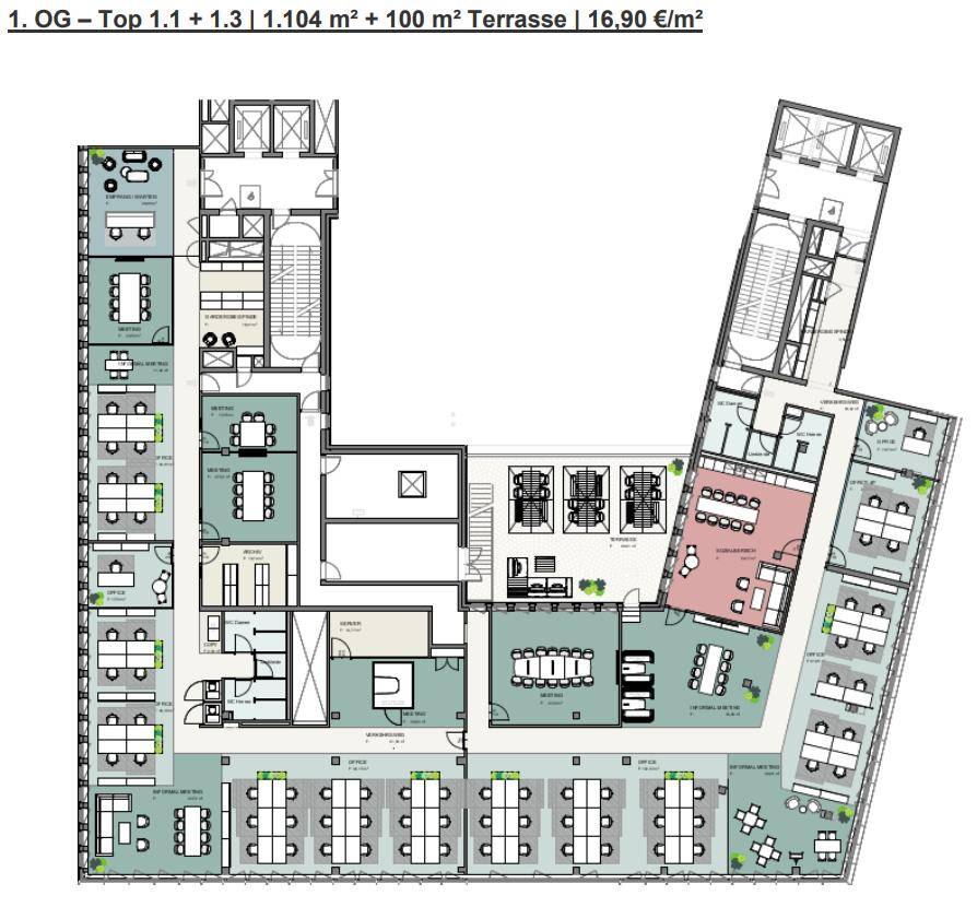 Grundriss eines modernen Bürokomplexes mit zahlreichen Arbeitsplätzen, Besprechungsräumen und einer großen Terrasse.