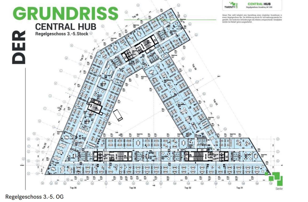 Grundriss des Central Hubs für die Regelgeschosse 3. bis 5. Stock mit Büroflächen.