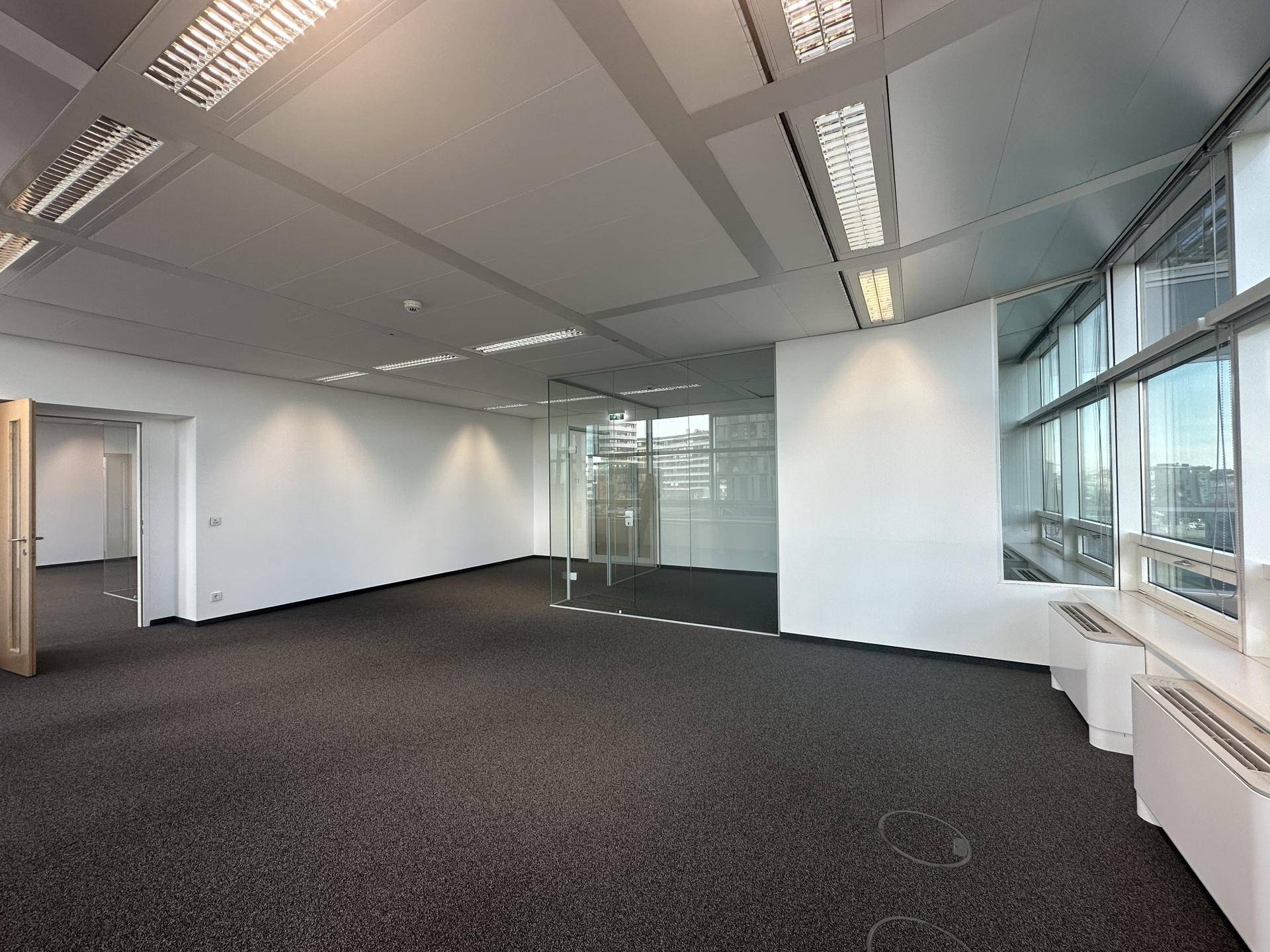 Offener Bürobereich mit Teppichboden, weißen Wänden und einer Glasabtrennung.