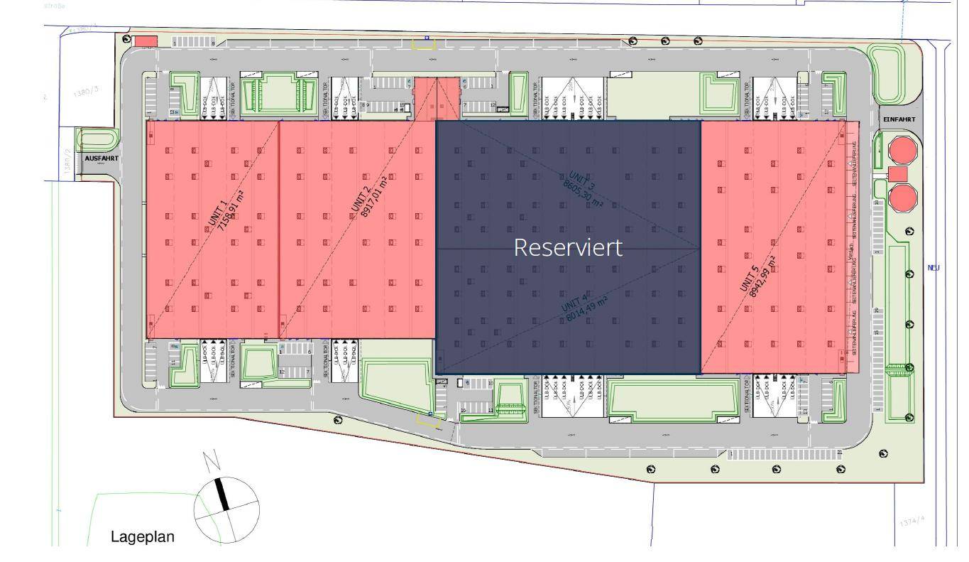 Lageplan des Logistikzentrums mit Aufteilung der Einheiten und Parkflächen.
