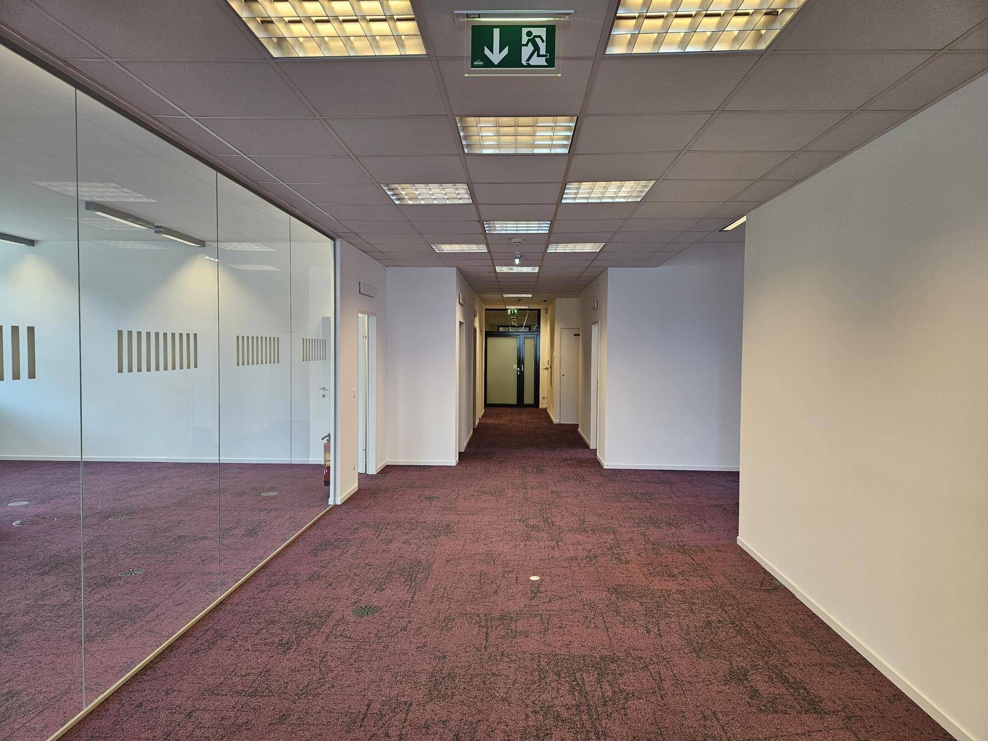 Büroflur mit Glaswänden und lila Teppichboden, der zu weiteren Büroräumen führt.