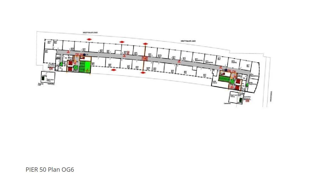 Grundriss des Obergeschosses 6 mit verschiedenen Büroräumen und Fluren.