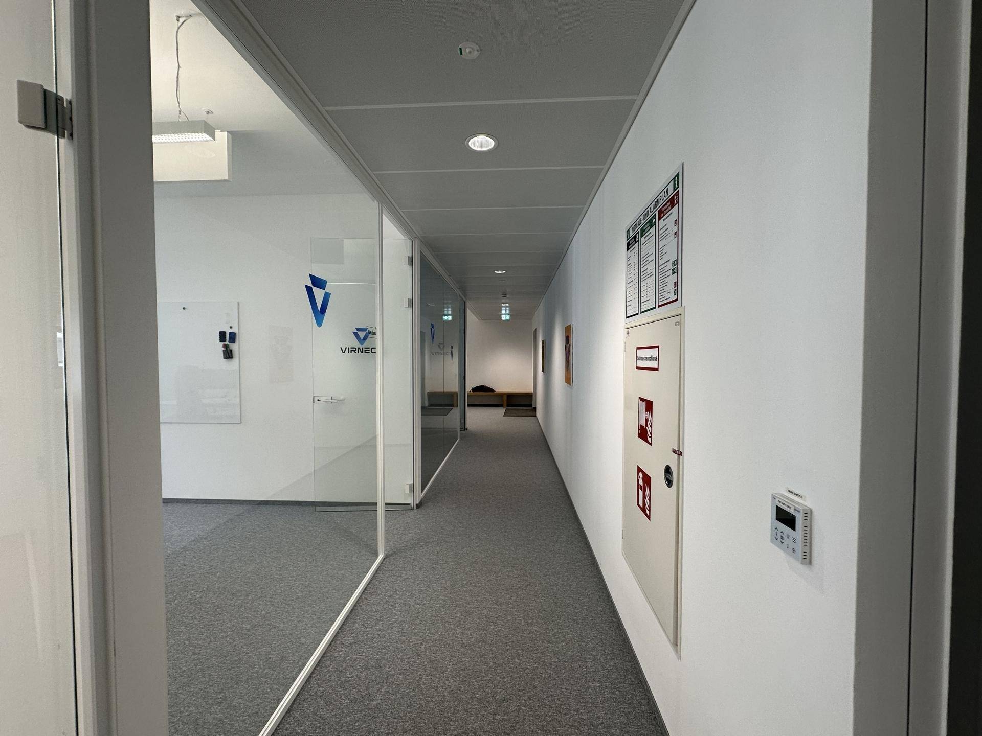 Langer, heller Flur mit grauen Teppichböden und Glaswänden, die zu den Büroräumen führen.