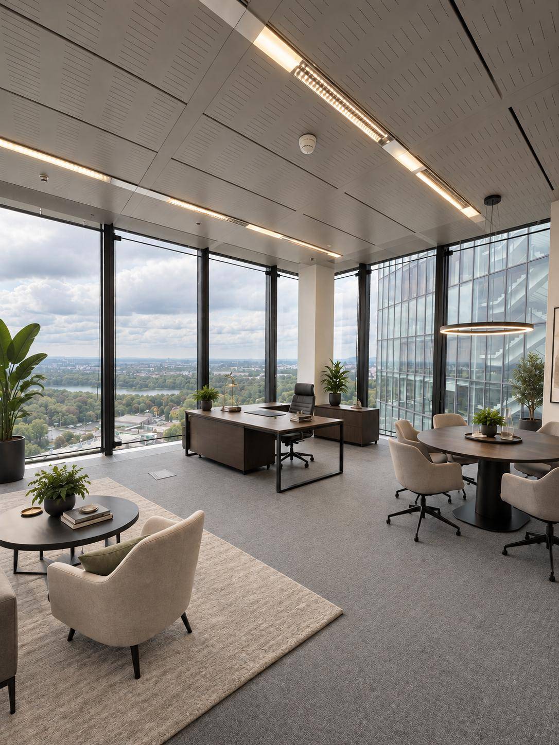 Modernes Büro mit raumhohen Fenstern, Schreibtisch und Besprechungsbereich, bietet weite Aussicht.