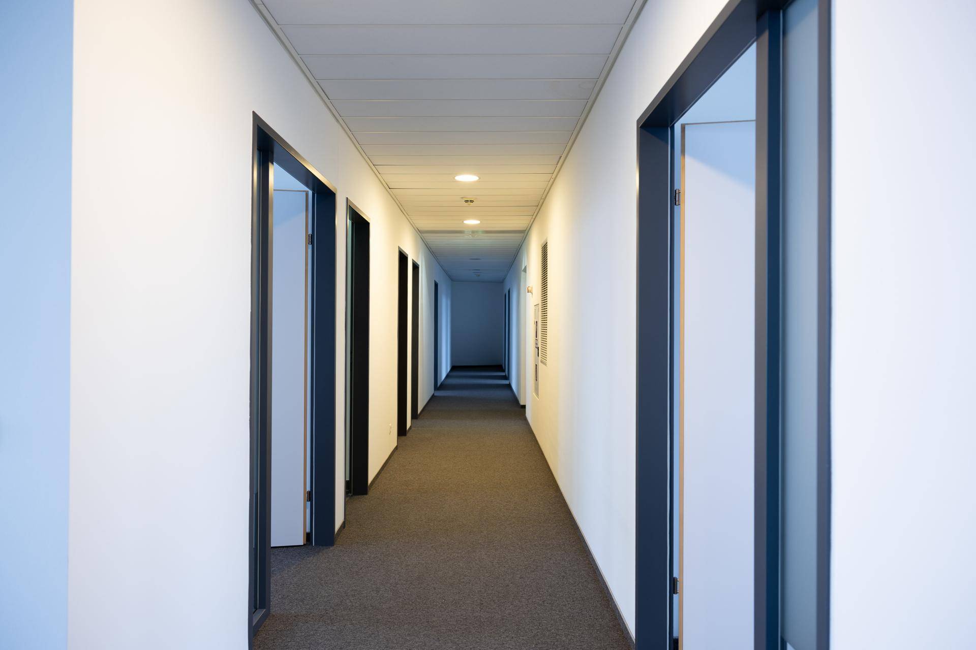 Langer, heller Flur mit Teppichboden und vielen Türen, die zu den einzelnen Büros führen.