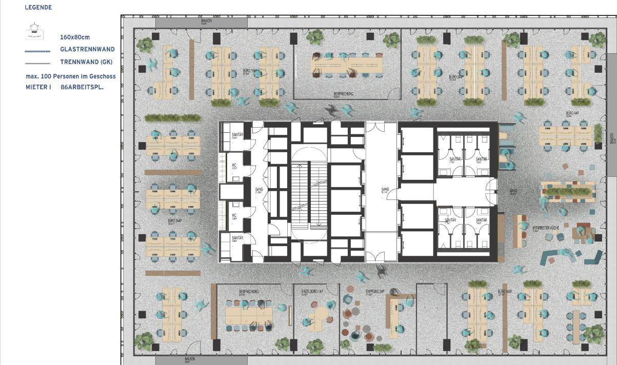 Büro-Grundriss mit flexiblen Arbeitsbereichen, Meetingräumen und zentralem Servicebereich.