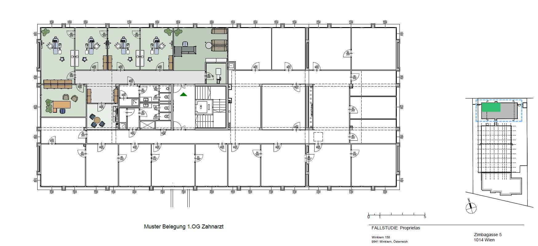 Detaillierter Grundriss eines Büro- oder Praxisbereichs im ersten Obergeschoss mit Empfang, Wartebereich und mehreren Behandlungszimmern.
