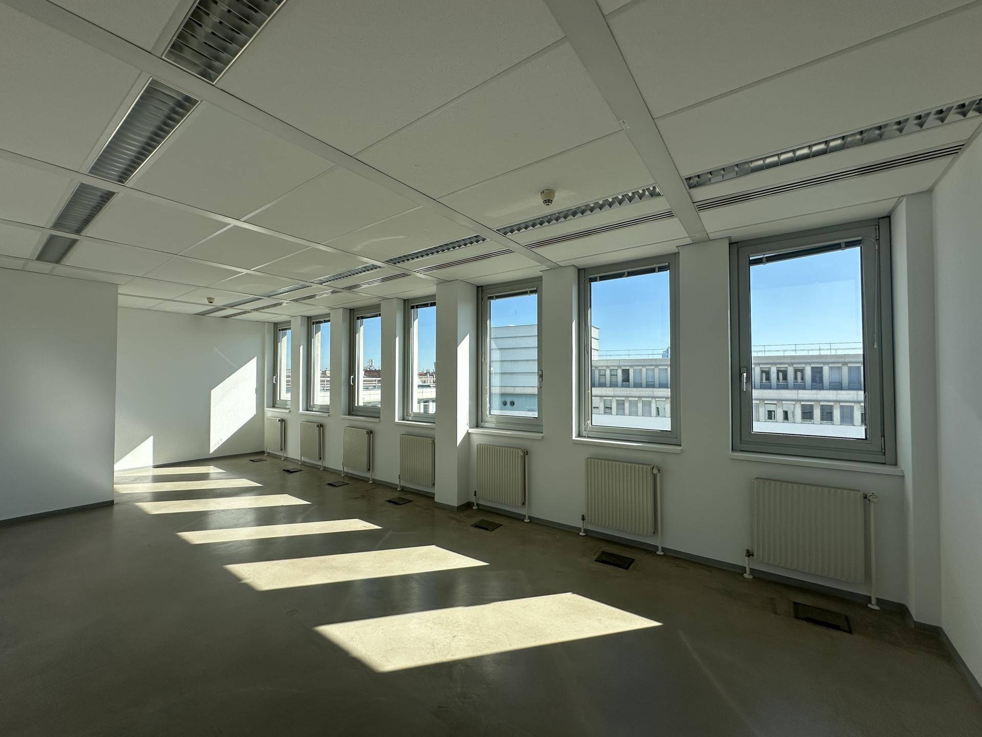 Helles, leeres Büro mit vielen Fenstern, Heizkörpern und Sonnenlicht auf dem Boden.