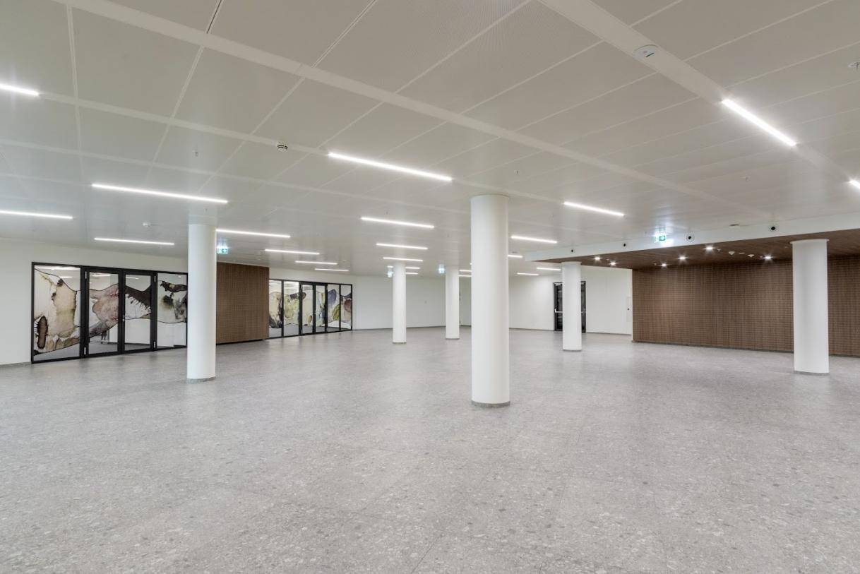 Großer, leerer Saal mit Säulen und hellem Fliesenboden, ideal für Veranstaltungen oder Großraumbüros.