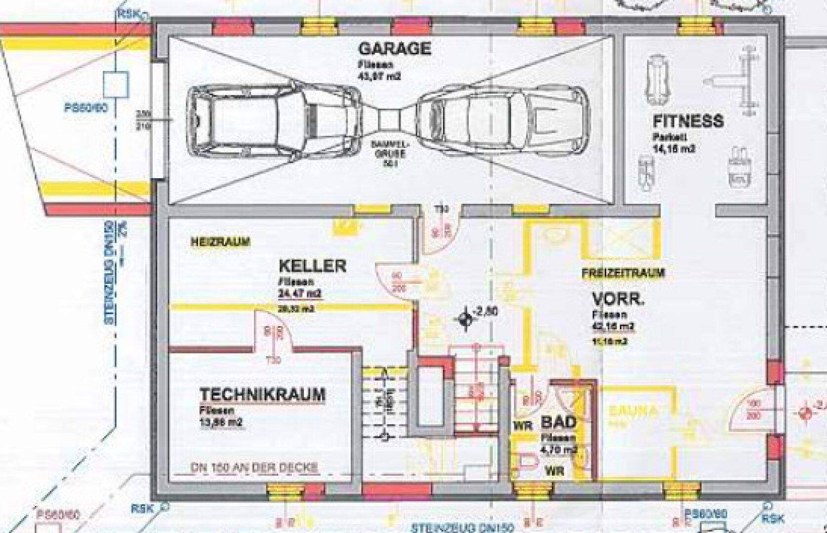 Grundriss des Kellergeschosses mit Doppelgarage, Fitnessraum, Sauna und Technikräumen.