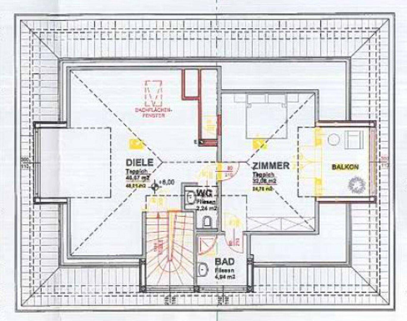 Grundriss des Dachgeschosses mit Zimmer, Bad, Diele und Zugang zu einem Balkon.