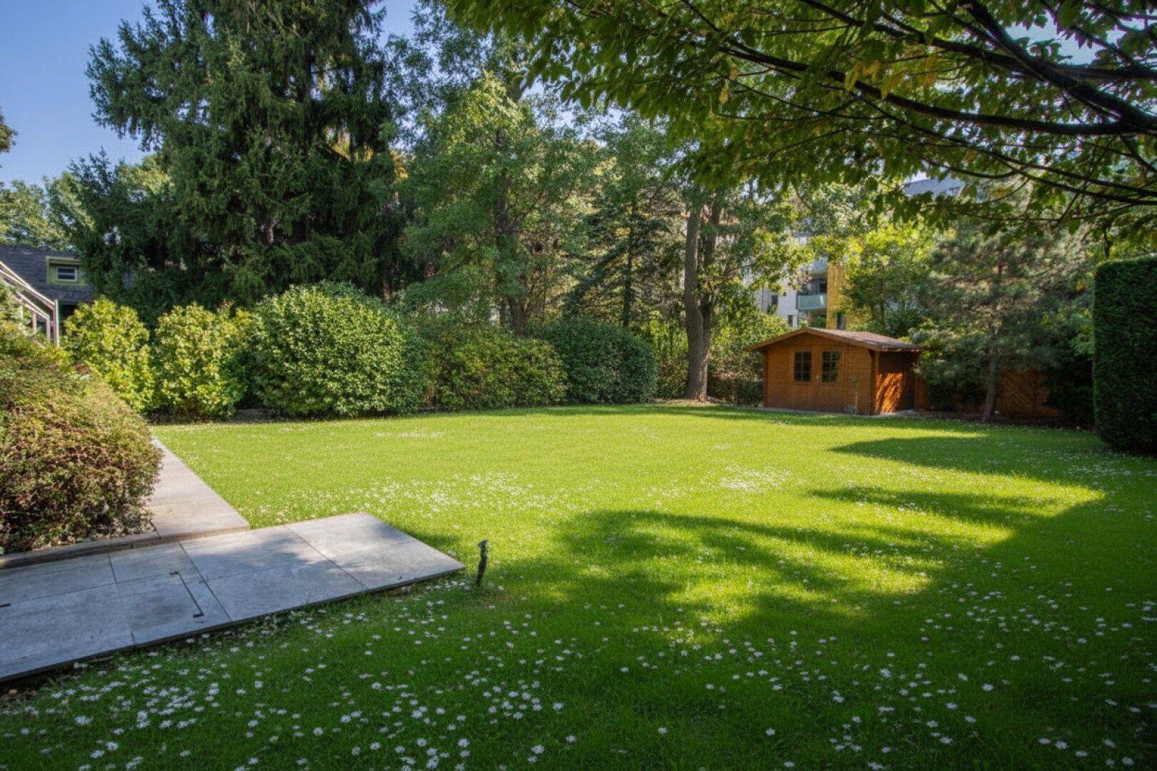 Weitläufige Rasenfläche im Garten mit einem Gartenhaus im Hintergrund, umgeben von Bäumen.